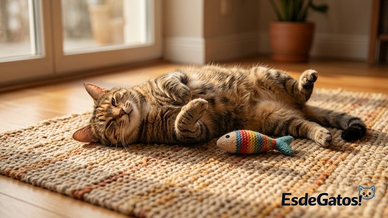 Un gato revolcándose feliz bocarriba sobre una alfombra junto a un juguete de tela, con expresión de disfrute