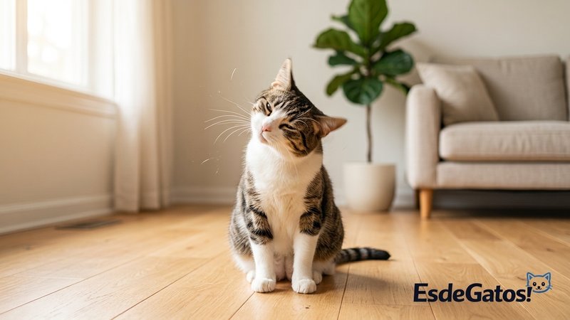 Un gato sacudiendo la cabeza con las orejas en movimiento, sentado en el suelo de una habitación luminosa