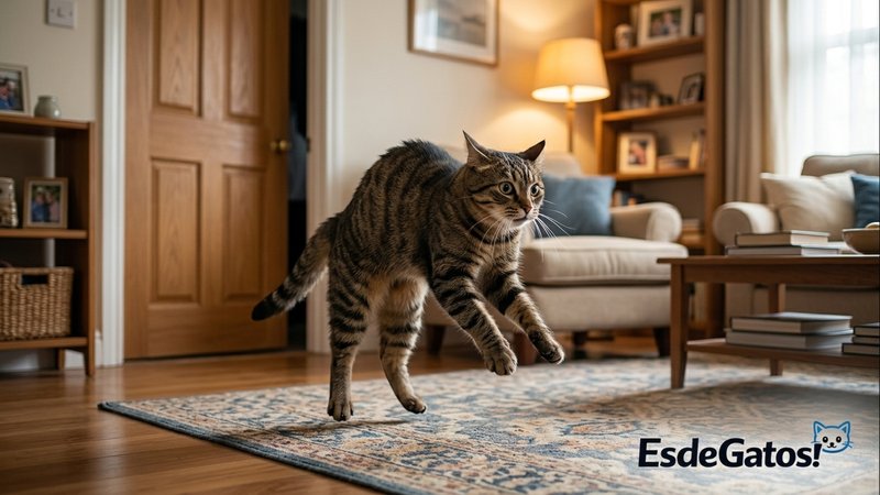 Un gato en una sala acogedora reaccionando con sobresalto al cierre fuerte de una puerta