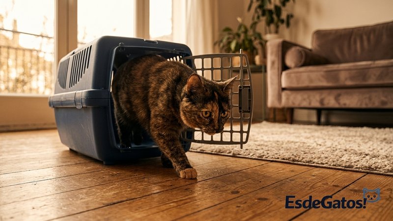 Un gato saliendo por sí mismo de un transportín abierto en el salón, con paso cauteloso