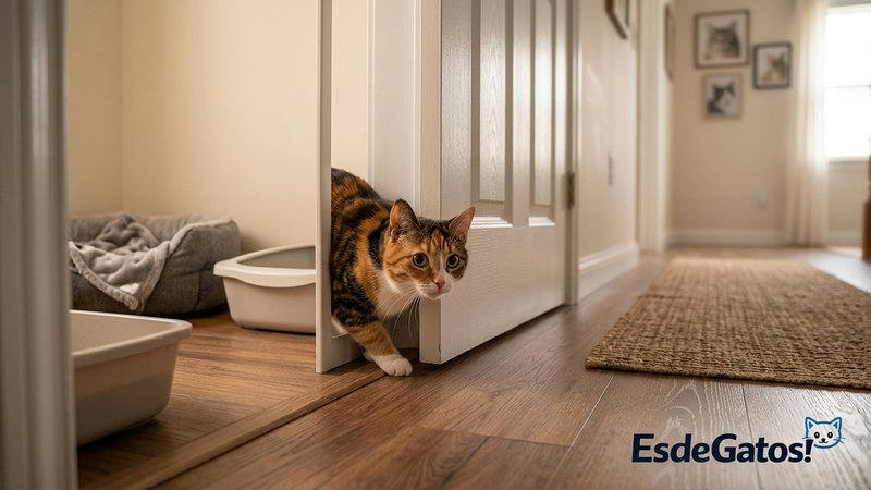 Un gato saliendo por una puerta entreabierta desde su habitación segura para explorar