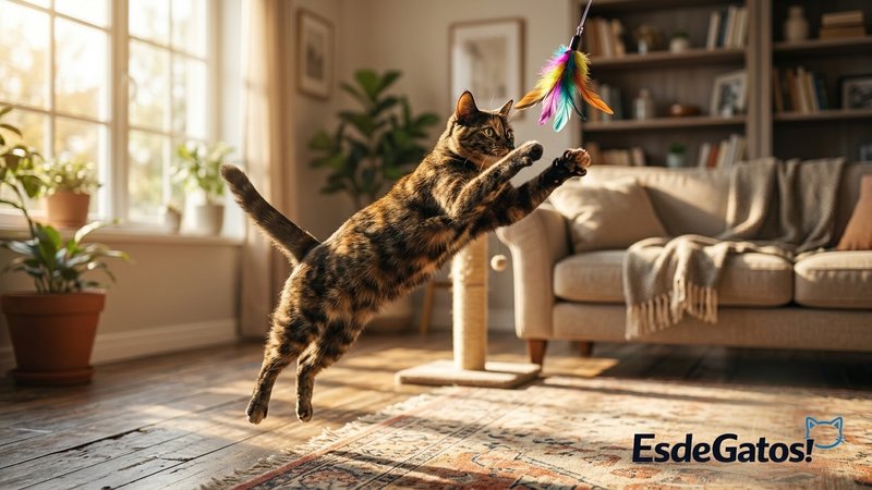 Un gato saltando para atrapar un juguete de plumas en el aire, en el salón de casa, muy activo