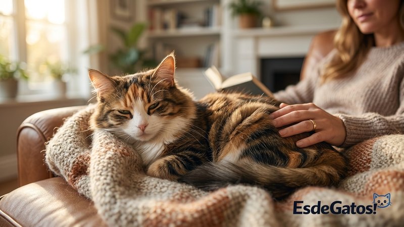 Un gato sano y contento descansando a gusto en casa después de sus cuidados, con su dueño cerca