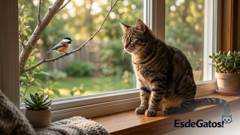 Un gato sentado en el alféizar de una ventana mirando con atención el exterior, muy concentrado en lo que ocurre fuera