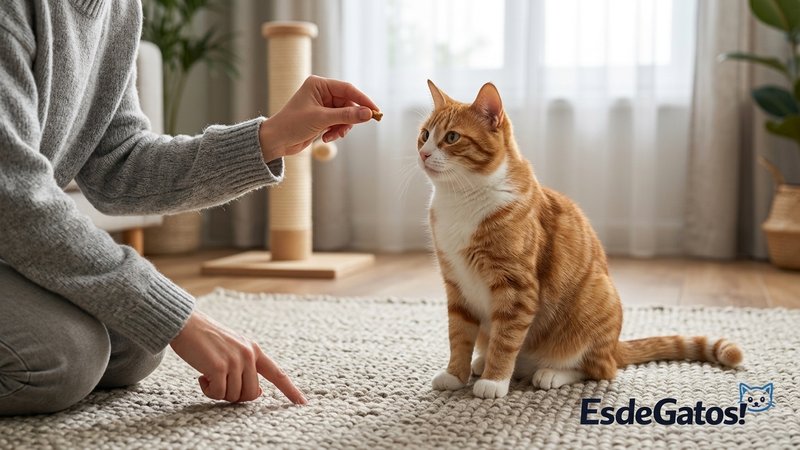 Un gato sentado de forma natural frente a una persona que señala suavemente el suelo
