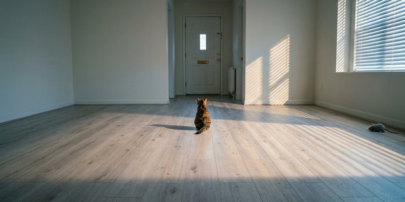 Gato solo en mitad de un salon vacio mirando hacia la puerta