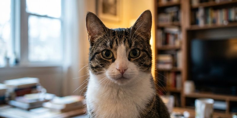 Gato sosteniendo la mirada fija hacia la camara desde unos metros