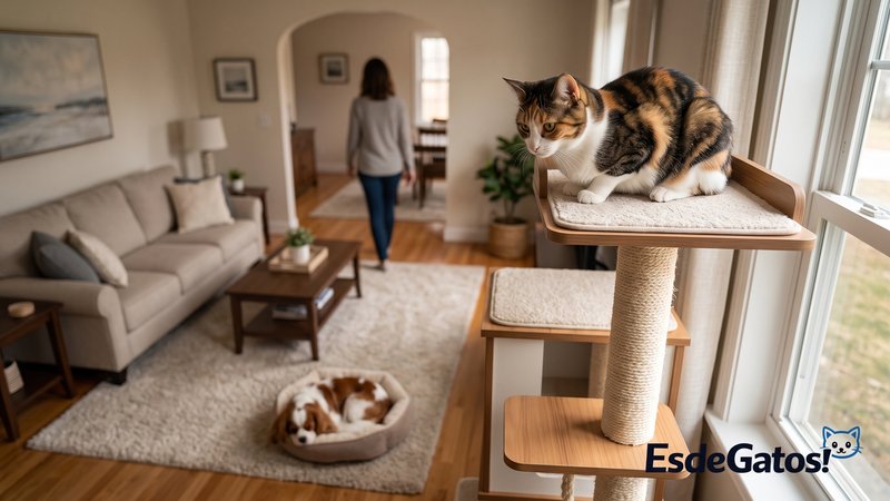 Un gato subido a una repisa alta o torre para gatos