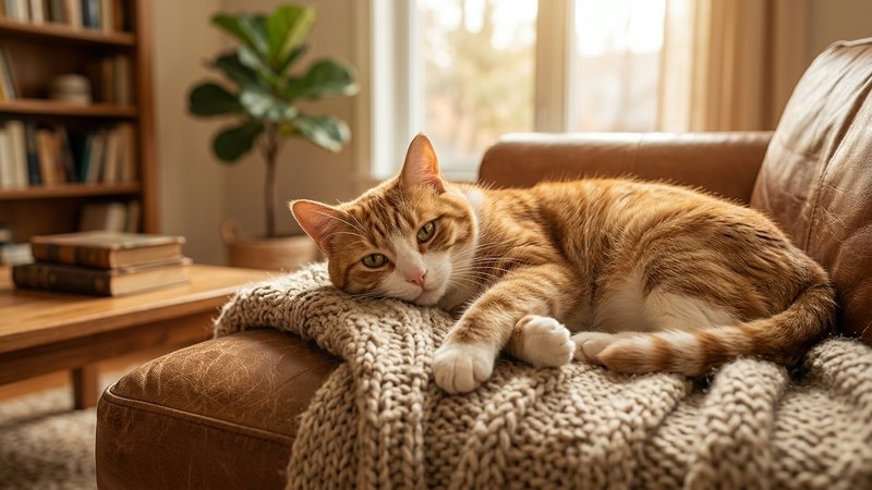 Un gato tranquilo y confiado tumbado en su casa, en el salón, con actitud relajada