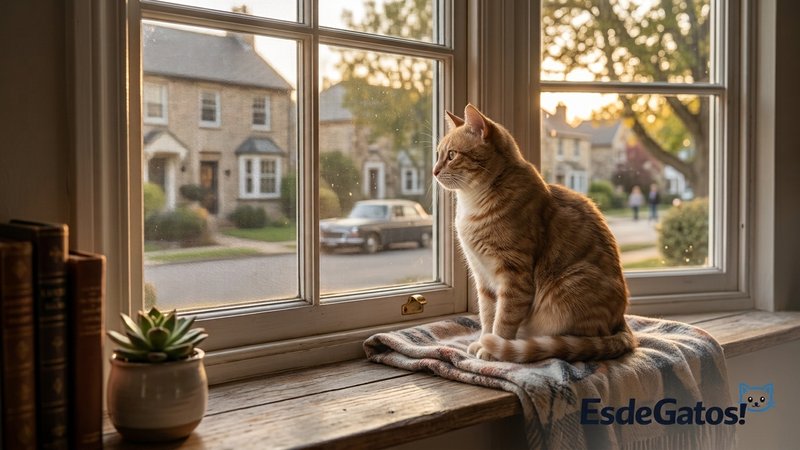 Un gato tranquilo y a salvo dentro de casa, mirando la calle desde una ventana segura