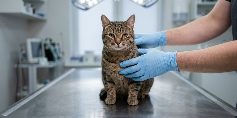 Gato tranquilo sentado en la mesa de exploracion de una clinica