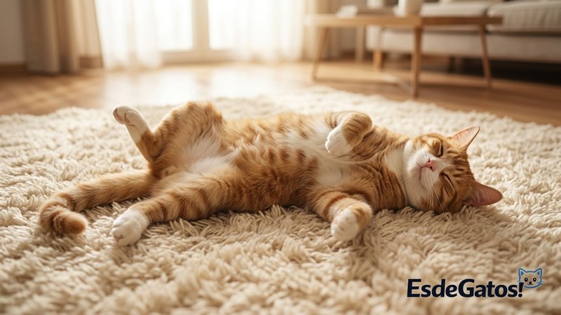 Un gato tumbado bocarriba sobre una alfombra mullida mostrando la barriga, relajado y confiado, en un salón luminoso