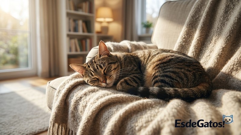 Un gato tumbado plácidamente en su rincón habitual de un salón ordenado y acogedor, completamente en calma