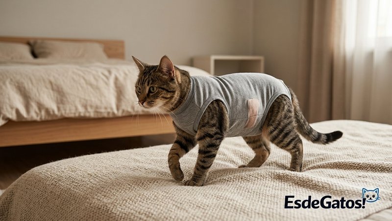 Un gato usando un body posquirúrgico ajustado correctamente