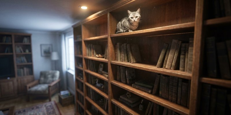 Gato vigilando la casa desde el estante mas alto de una libreria