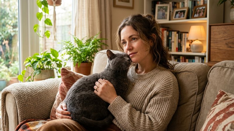 Un gato gris acurrucado contra el pecho de una mujer sentada en un sofa con gesto pensativo, dandole un suave cabezazo c