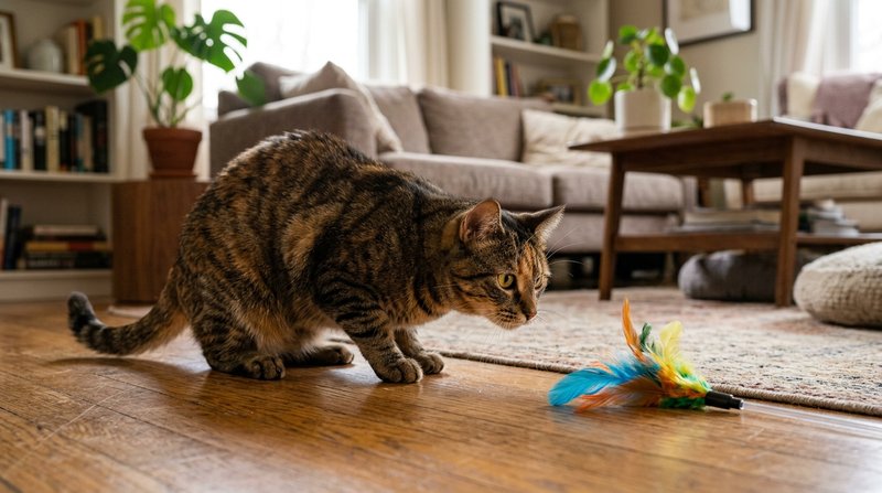 Un gato agazapado a punto de saltar sobre una pluma de juguete, cuerpo tenso pegado al suelo y patas traseras flexionada