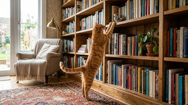 Un gato naranja estirandose sobre las patas traseras para alcanzar un estante alto de una libreria de madera, gesto deci