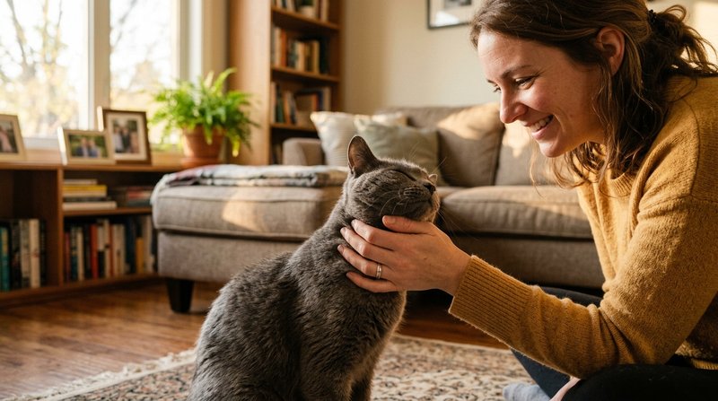 Un gato gris reencontrandose con su dueña, frotando la cabeza contra su mano con gesto de reconocimiento, salon hogareño