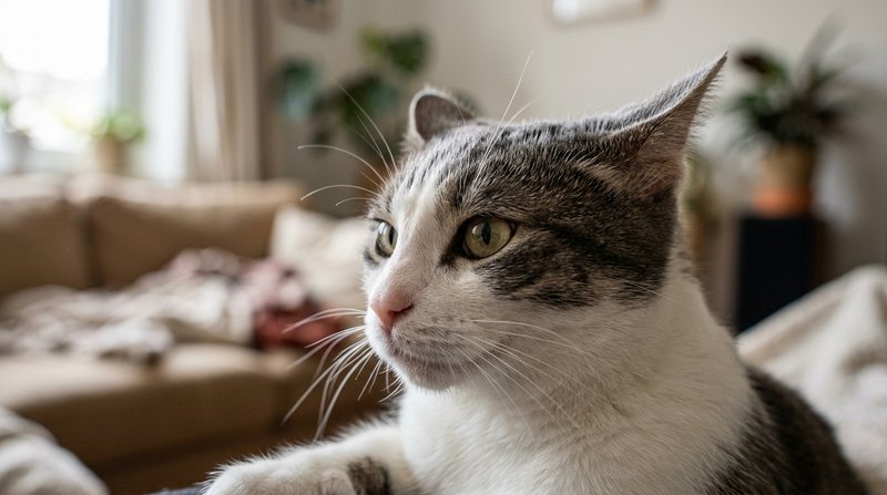 Un primer plano de un gato blanco y gris con las orejas giradas hacia un lado y la cabeza ligeramente inclinada, atento