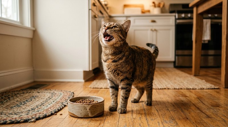 Un gato atigrado maullando con la boca abierta mientras mira fijamente hacia arriba junto a un plato de comida en el sue