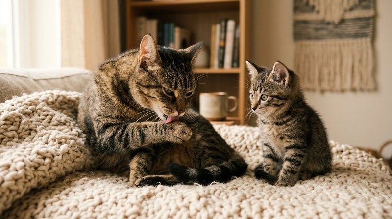 Una gata adulta junto a su gatito que la observa con atencion mientras ella se acicala, ambos sobre una manta en un rinc