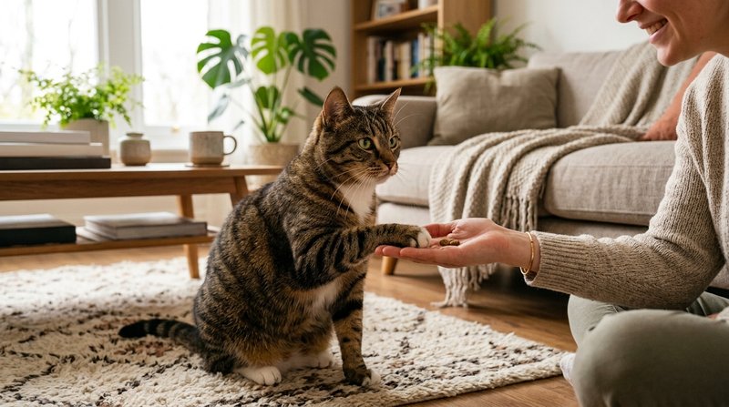 Un gato pardo sentado dando la pata a la mano abierta de una persona que le ofrece una golosina, salon hogareño luminoso