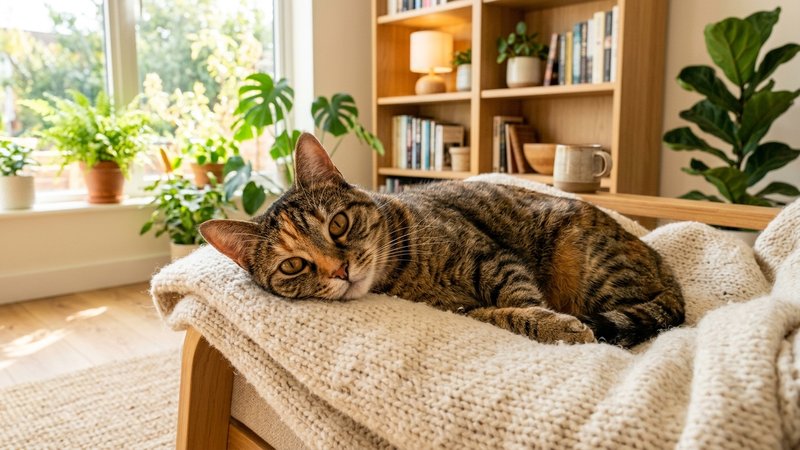 Un gato atigrado de ojos grandes y expresivos descansando tranquilo sobre una manta suave en un salón luminoso y cálido,
