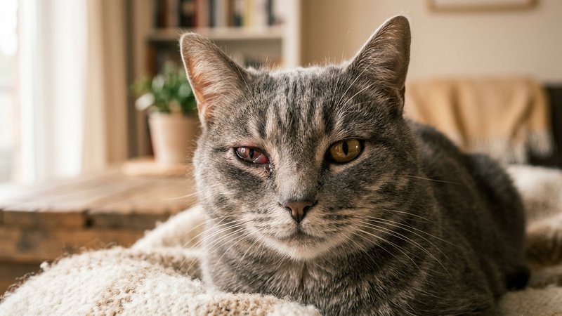Un primer plano de un gato gris con un ojo algo entrecerrado y enrojecido, mirando hacia la cámara en un interior cálido