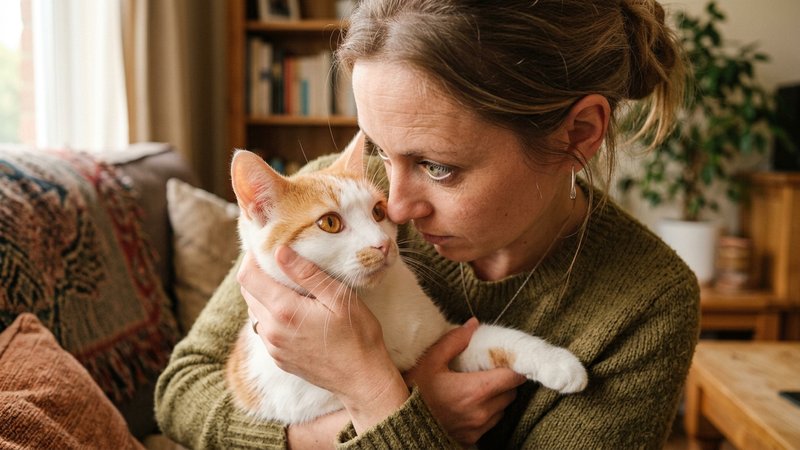 Una persona observando de cerca y con gesto atento el ojo de un gato blanco y naranja sostenido con delicadeza en un sal