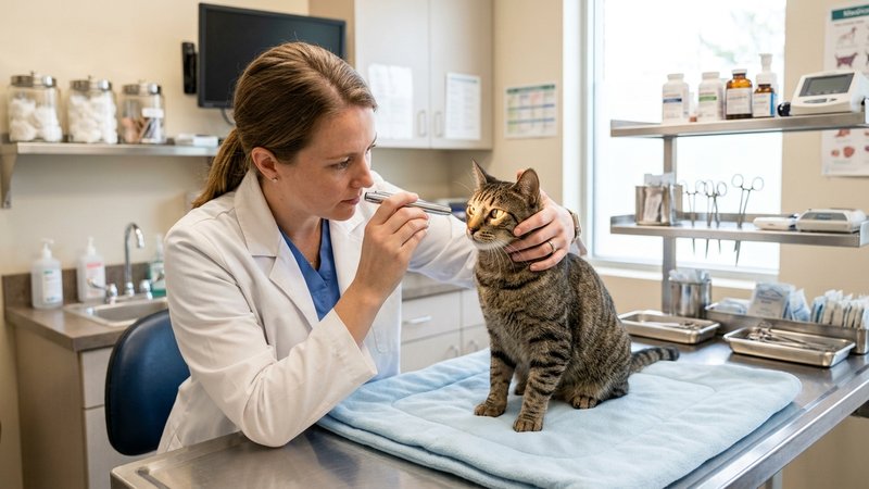 Un veterinario con bata examinando con una pequeña linterna el ojo de un gato tranquilo sobre una camilla en una clínica