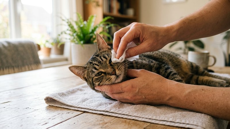 Unas manos limpiando con suavidad el contorno del ojo de un gato atigrado usando una gasa húmeda, en una mesa luminosa d