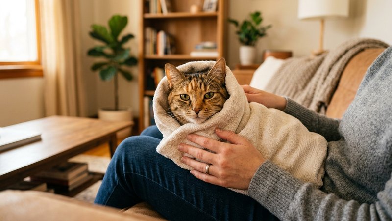 Un gato envuelto con calma en una toalla clara, solo la cabeza fuera, sostenido en el regazo de una persona en un salón