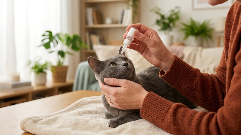 Unas manos aplicando con cuidado una gota en el ojo de un gato gris sujetado con suavidad, acercando el frasco por el la