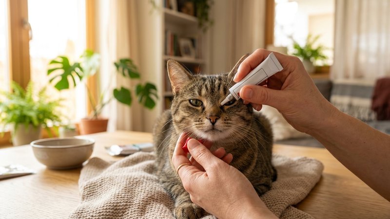 Una mano sosteniendo un pequeño tubo de pomada cerca del ojo de un gato tranquilo sobre una mesa luminosa de un hogar, l
