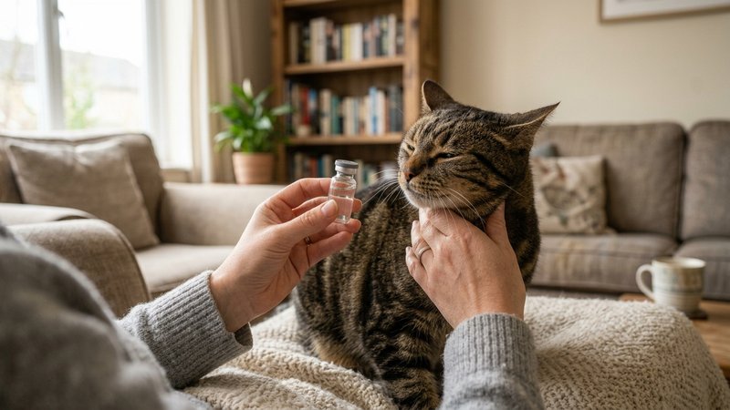 Un gato atigrado apartando la cara con leve incomodidad mientras una persona intenta acercarle un frasco al ojo en un sa