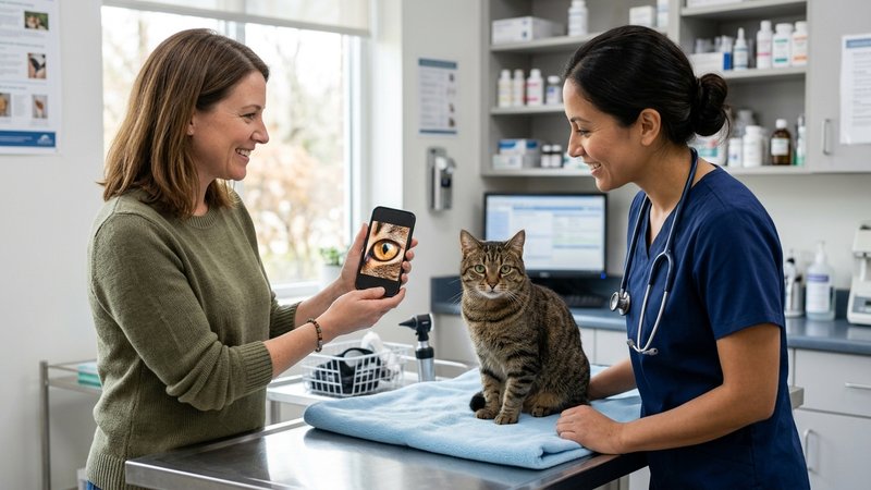 Una dueña mostrando la pantalla de su teléfono con la foto del ojo de un gato a un veterinario en una clínica luminosa,