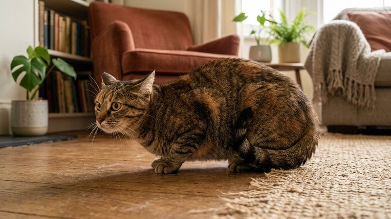 Un gato en actitud cautelosa y agazapada evitando el contacto, con la mirada alerta y el cuerpo listo para retirarse, en