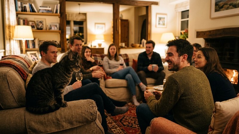 Un gato mirando fijamente a una sola persona entre varias reunidas en un salón acogedor, ignorando al resto, ambiente fa