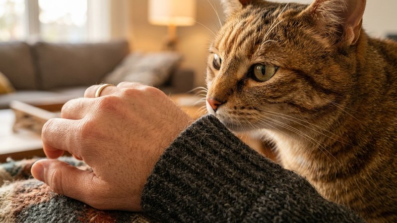 Un primer plano de un gato olfateando con desconfianza la mano y la manga de una persona en una habitación cálida, detal