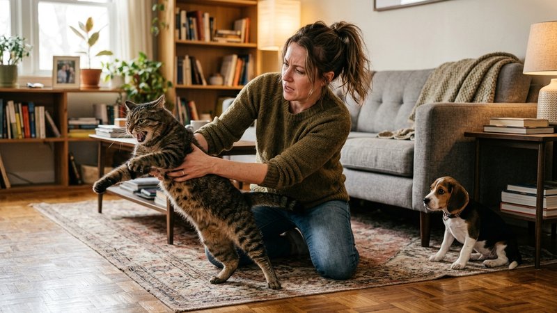 Una persona apartando con las manos a un gato alterado de otro animal en un salón hogareño, momento de tensión con el ga