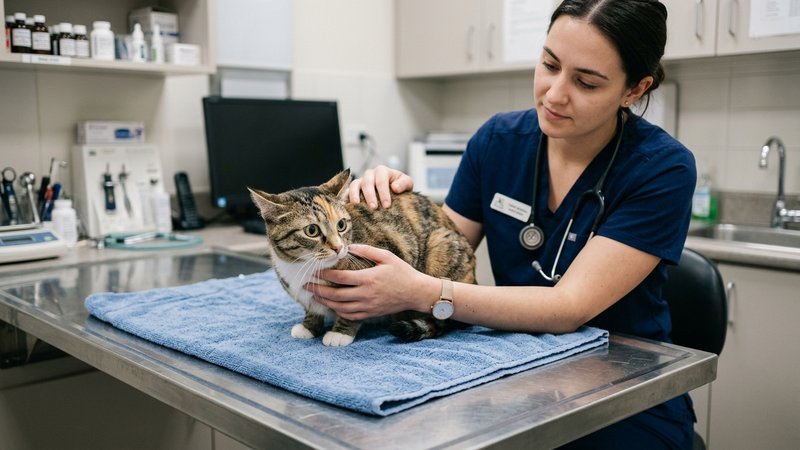 Un gato tenso sobre la mesa de una consulta veterinaria mientras una persona lo sujeta con suavidad a su lado, ambiente