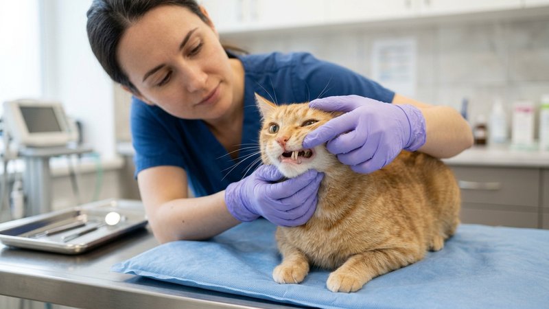 Un primer plano de un veterinario revisando con delicadeza la boca de un gato en una consulta luminosa, detalle nítido d