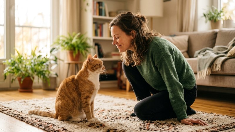 Una persona agachada a la altura de un gato dedicándole un parpadeo lento y relajado en una habitación cálida, ambiente