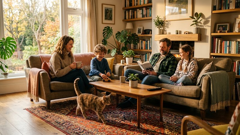 Una familia relajada compartiendo el salón de un hogar cálido con un gato tranquilo y suelto entre ellos, todos con acti