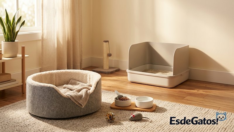Una habitación acogedora preparada para un gato nuevo, con cama, cuenco de comida, arenero y algún juguete