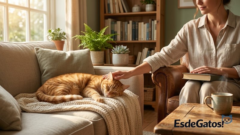 Una habitación tranquila y silenciosa con un gato relajado y su dueño cerca, en un momento de calma