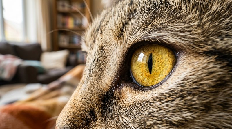 Un primer plano detallado del ojo de un gato, iris dorado con textura nítida y pupila serena, pelaje enfocado alrededor,