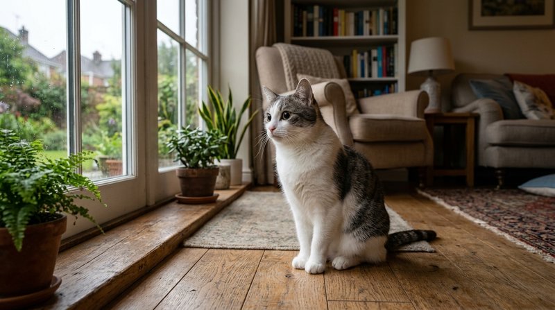 Un gato blanco y gris sentado en el suelo de un salón mirando hacia la ventana con las pupilas muy abiertas, expresión t
