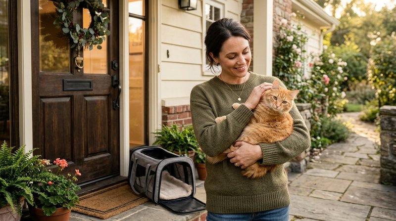 Una mujer sosteniendo con cuidado a su gato naranja en brazos junto a la puerta de casa, gesto sereno y protector, trans